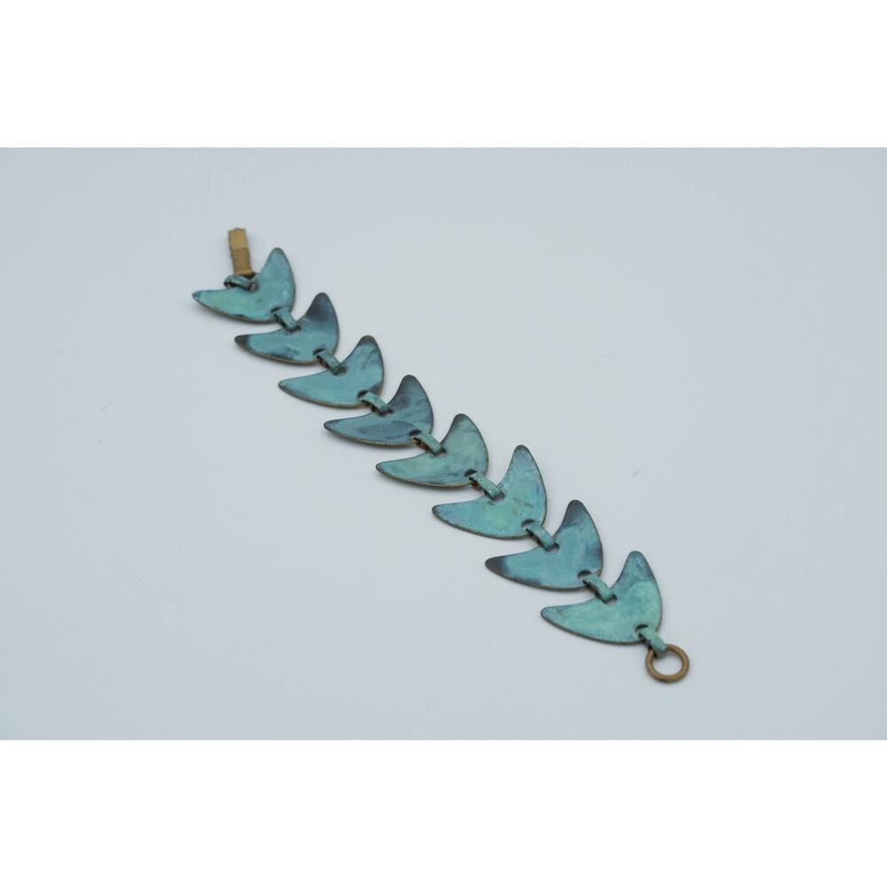 Vintage Patina Brass Link Bracelet Turquoise Faux Verdigris Modernist Design